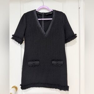 Zara Black V-Neck Tweed Mini Dress Size XA